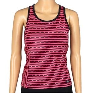 ATHLETA dark pink and black striped tank top with criss-cross back. Medium. EUC